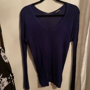 Deep indigo sweater with lace shoulder